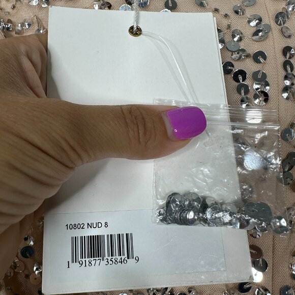 FLAW Mac Duggal Fully Sequined Ruffle Tiered 3/4 Sleeve Midi Dress Nude 8 #A0081 - Picture 9 of 11